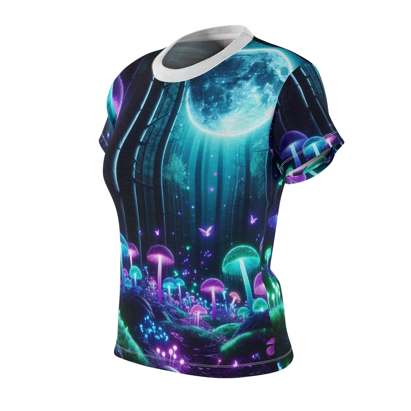 Women's Blacklight-Glow Otherworldly Forest T-Shirt- Neon Enchanted Mushroom with Bioluminescent Flora - Women's Blacklight Tee
