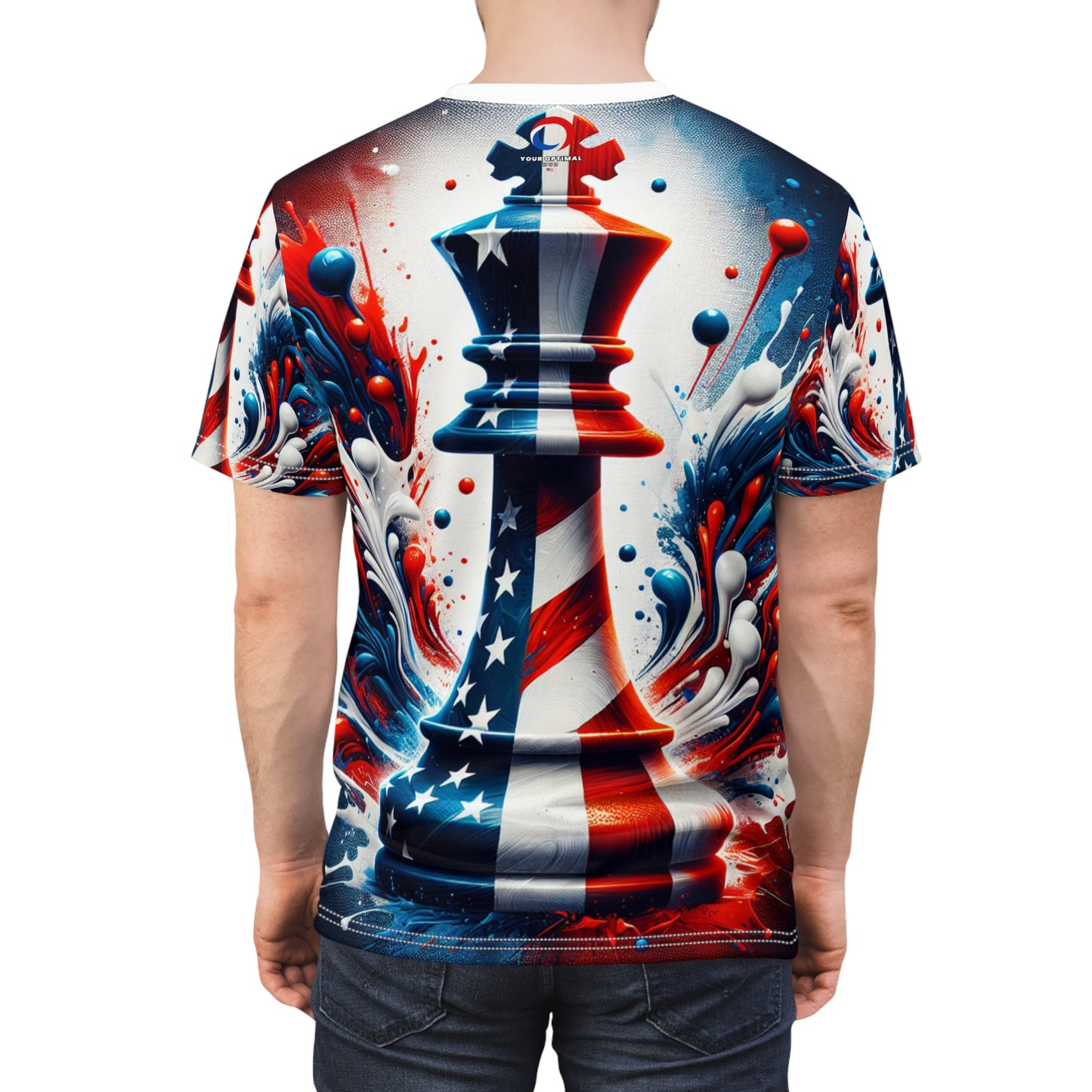Strategic American Pride: Artistically Rendered Chess King Piece T-Shirt Embossed with Dynamic USA Flag Design - Patriotic Streetwear Tee