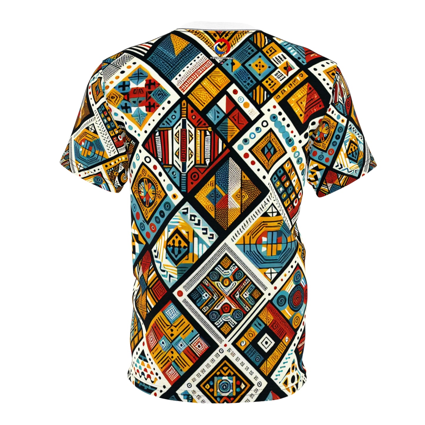 Vibrant African Tribal Diamond Grid T-shirt: Bold Colors, Intricate Textures & Symbols - African Tribal Pattern-Inspired Tee