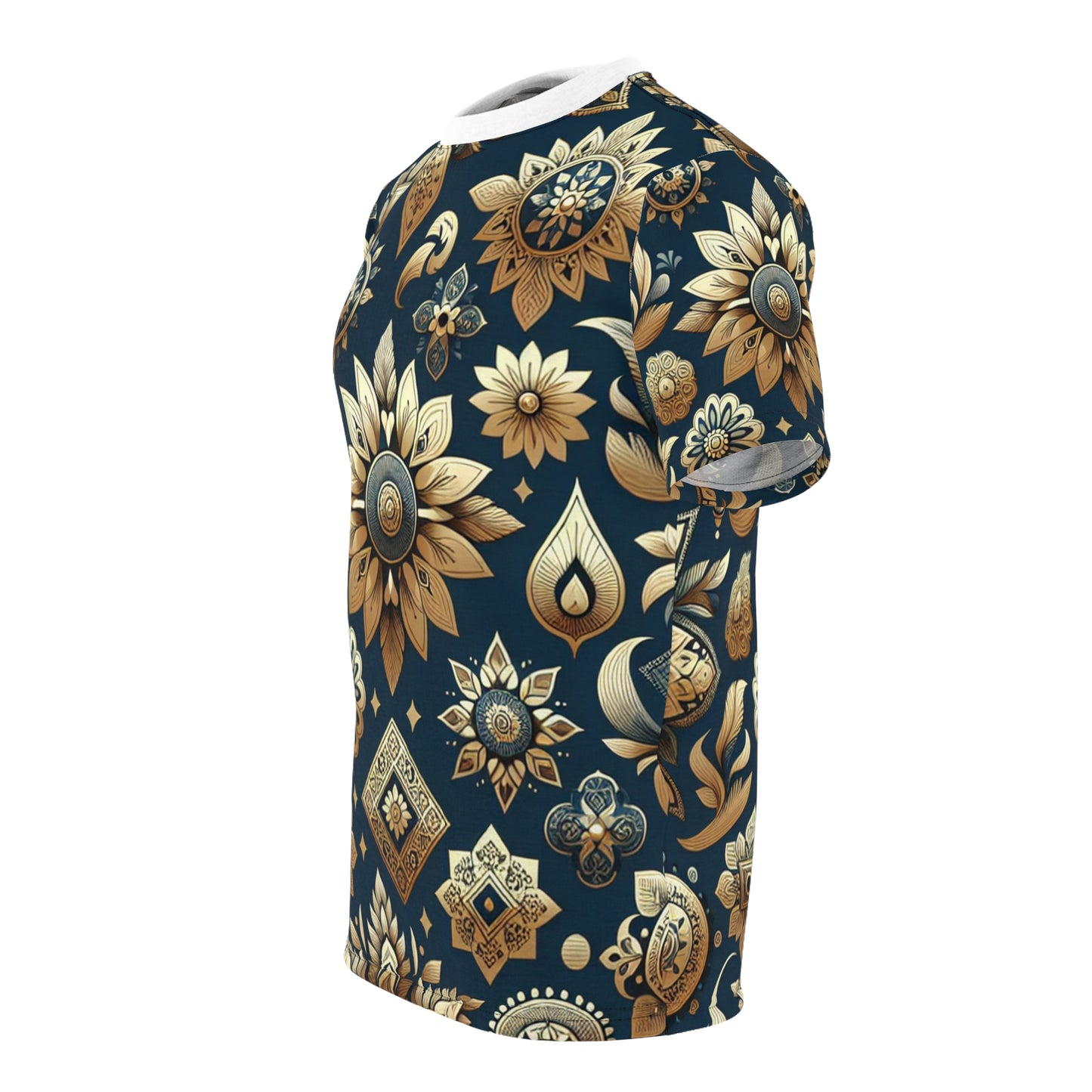 Indian Heritage Gold Motif Seamless Pattern T-Shirt - Shiny Gold Traditional Motifs on Rich Blue Background - Intricate Floral and Geometric Design Tee