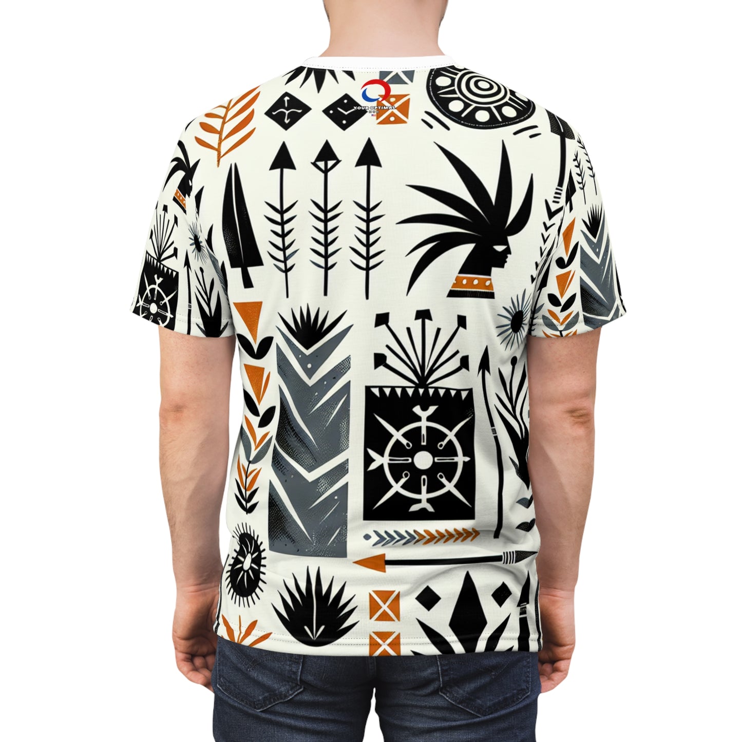 Modern African Artistry Tee: Monochromatic Spearhead & Shield Pattern + Orange Accents - African Tribal Pattern-Inspired