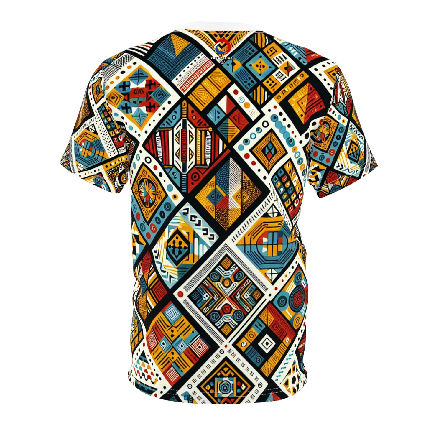 Vibrant African Tribal Diamond Grid T-shirt: Bold Colors, Intricate Textures & Symbols - African Tribal Pattern-Inspired Tee