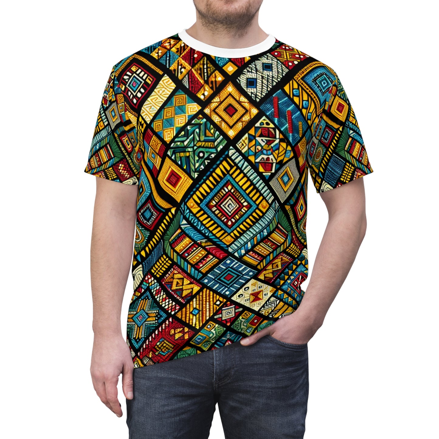 Vibrant African Tribal Diamond Geometric Design T-Shirt - Rich Colorful Cultural Artwear - African Tribal Pattern-Inspired Tee