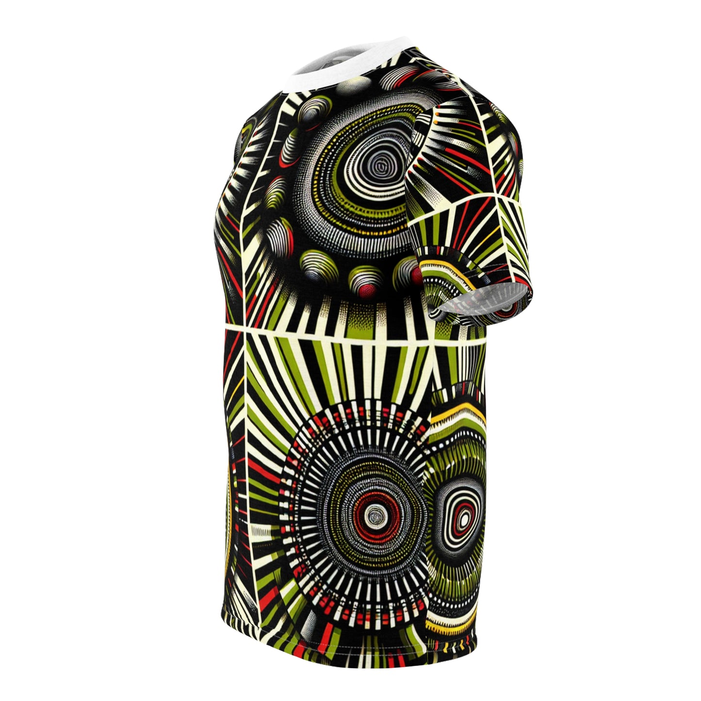 African Rhythm Dance T-Shirt: Vibrant Drum-Centric Celebration in Green & Red - African Tribal Pattern-Inspired Tee