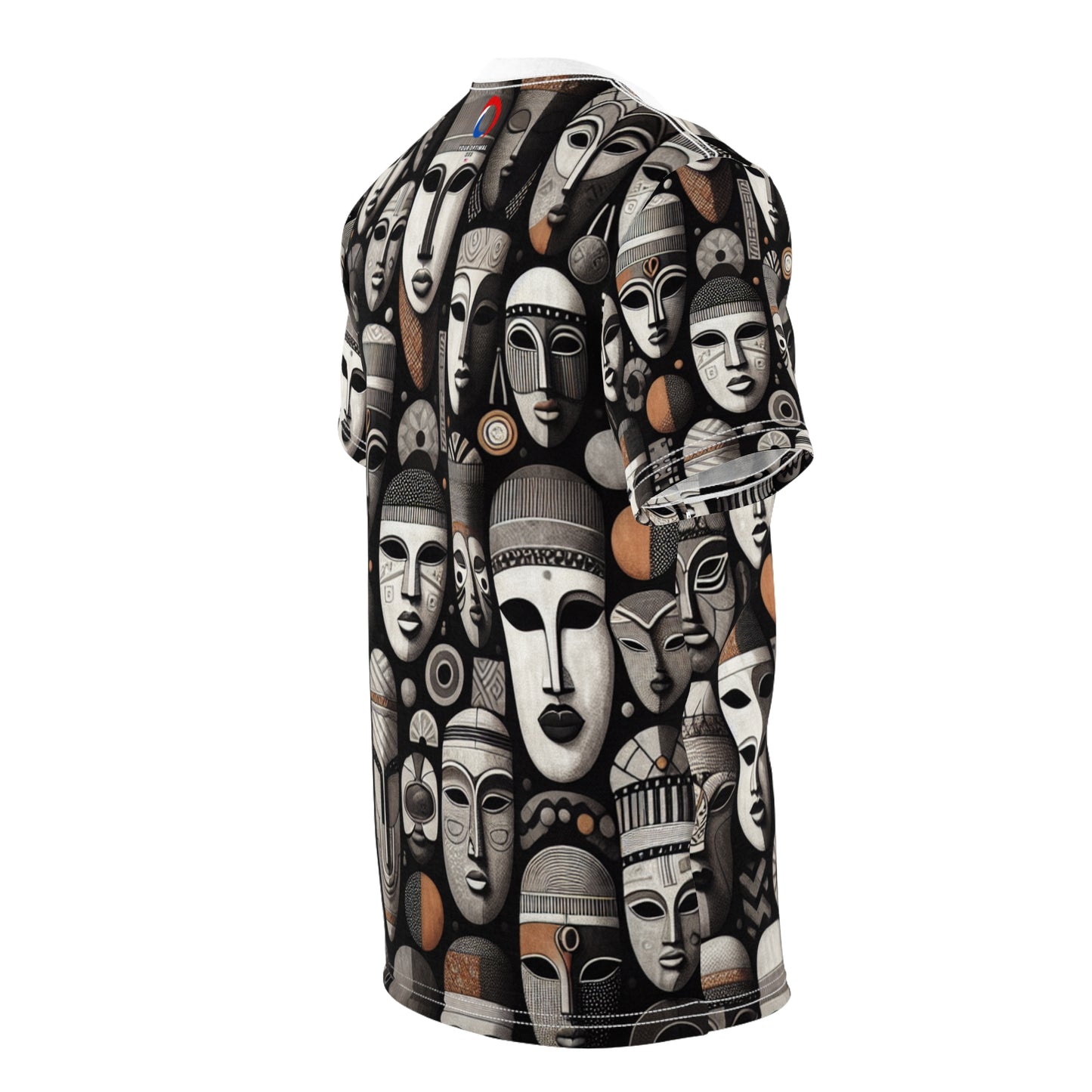 Chic African Heritage Tapestry T-Shirt- Modern Monochrome Masks with Orange Accents - African Tribal Pattern-Inspired Tee