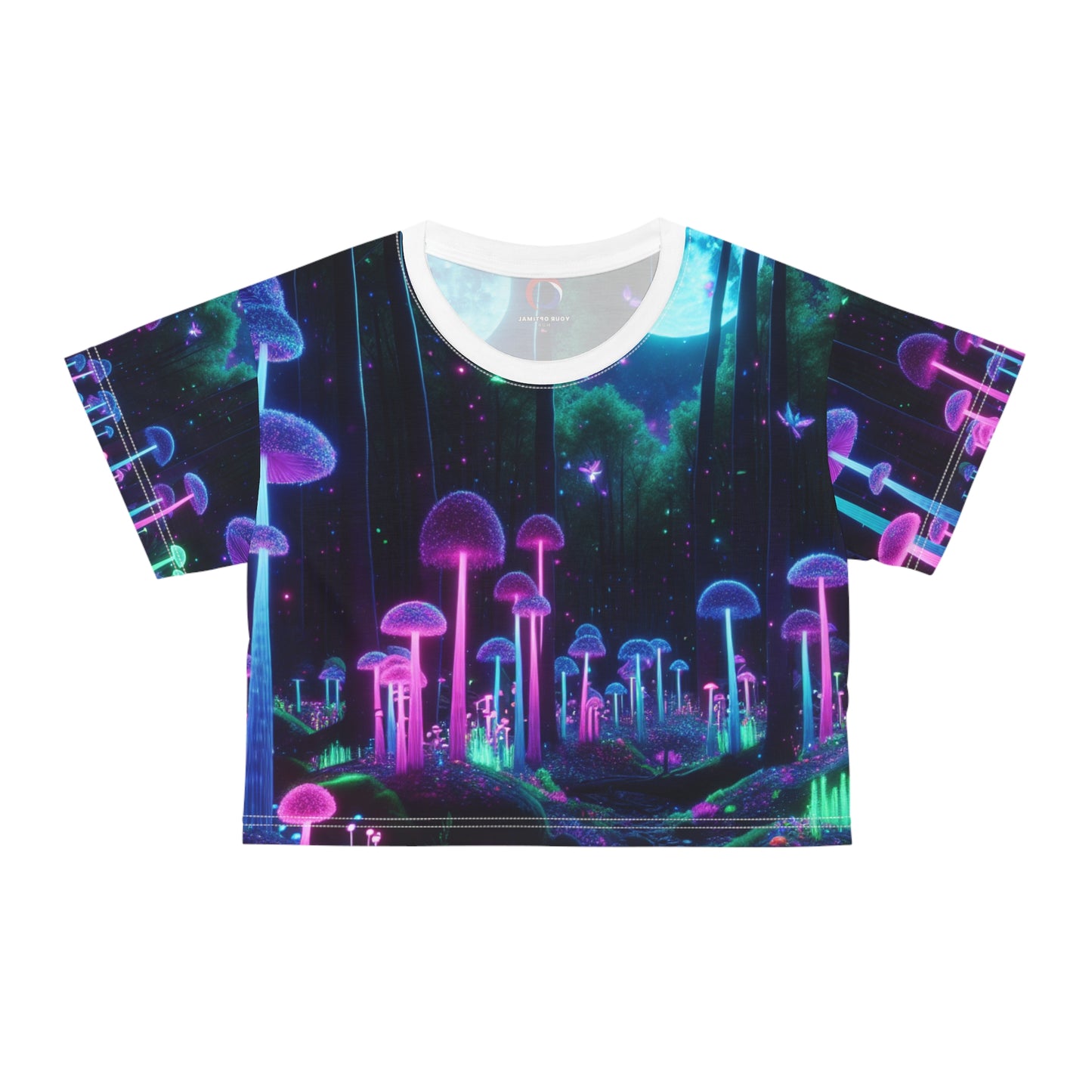 Magical Blacklight-reactive Crop Tee: Moonlit Forest and Neon Mushrooms, UV-glow Plant Life - Women's Blacklight-Reactive Tee