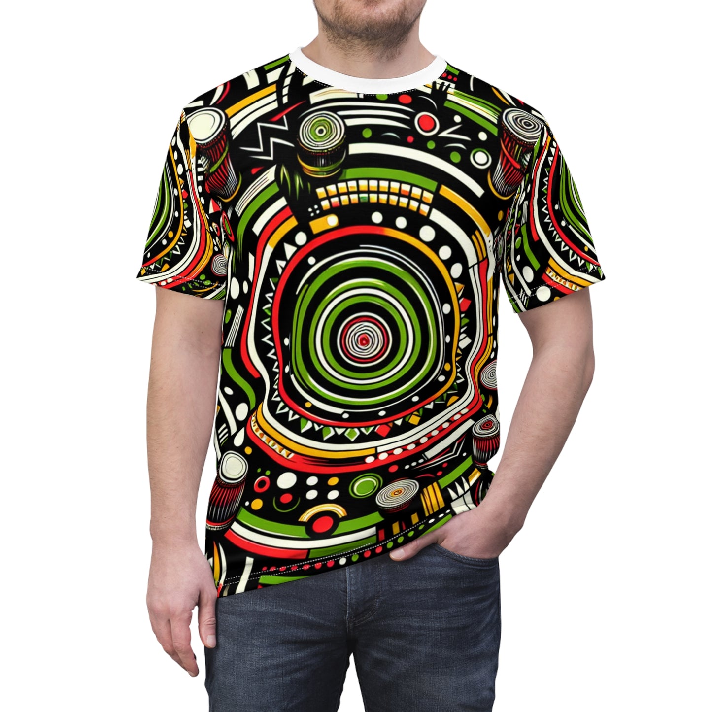 African Rhythm Dance Party T-Shirt: Bold Circles & Radiating Lines in Vibrant Hues - African Tribal Pattern-Inspired Tee