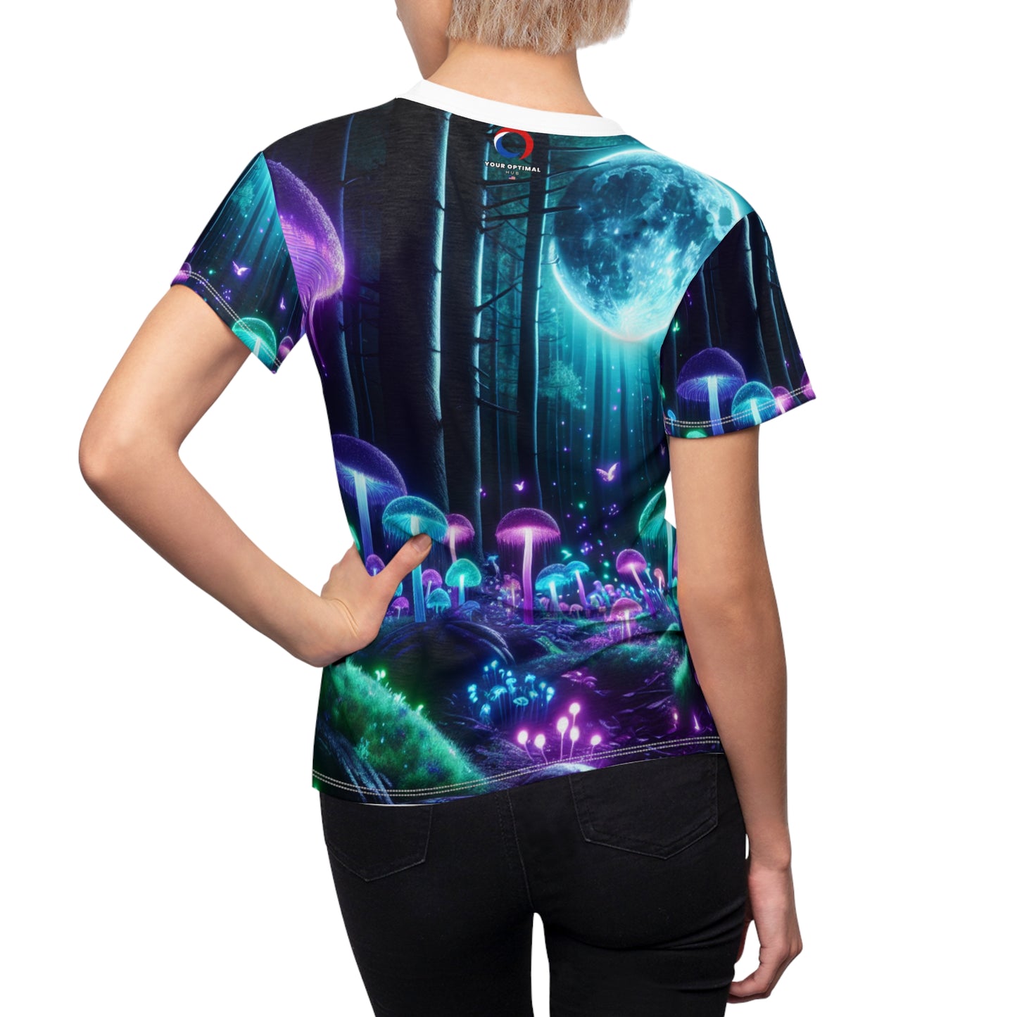 Women's Blacklight-Glow Otherworldly Forest T-Shirt- Neon Enchanted Mushroom with Bioluminescent Flora - Women's Blacklight Tee