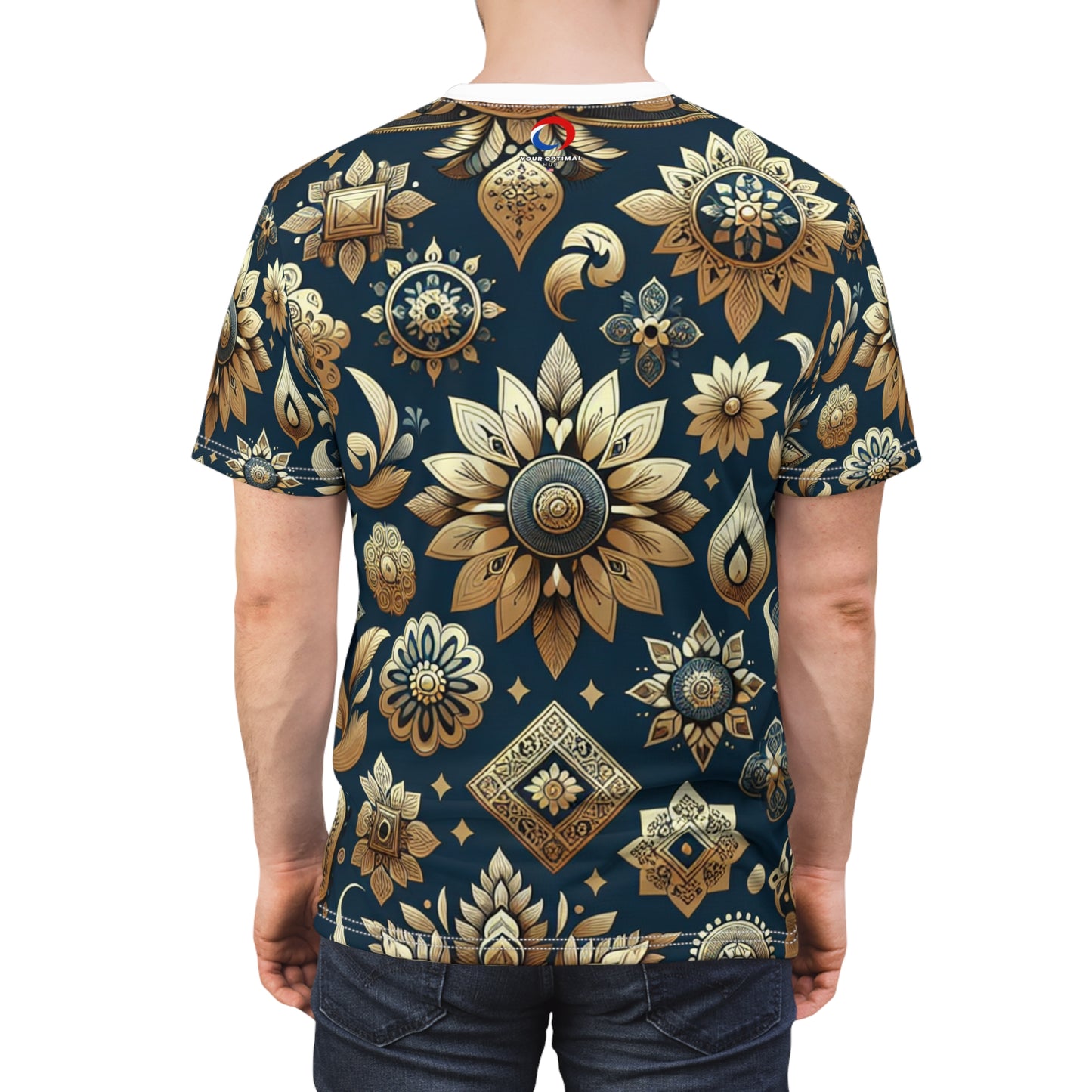 Indian Heritage Gold Motif Seamless Pattern T-Shirt - Shiny Gold Traditional Motifs on Rich Blue Background - Intricate Floral and Geometric Design Tee