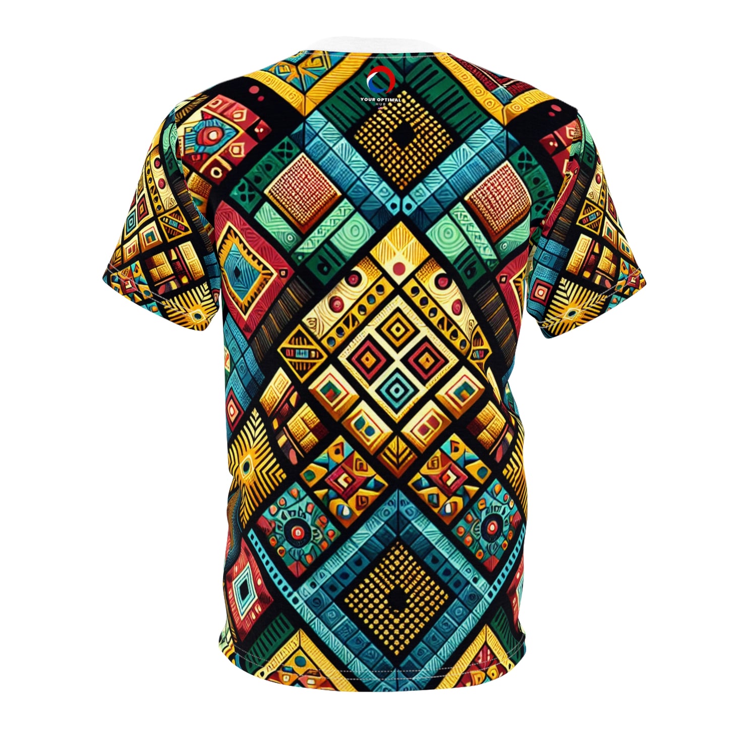 Vibrant African Folklore Geometric Diamond Tribal Pattern T-Shirt, Bold Primary Colors - African Tribal Pattern-Inspired Tee