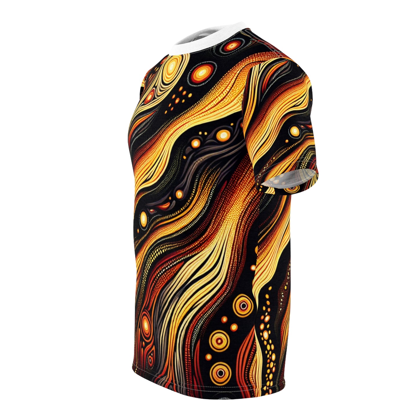 Volcanic Spirit T-Shirt: Aboriginal Art Inspired, Fiery Landscape Pattern, Bold Earthy Tones - African Tribal Pattern-Inspired Tee