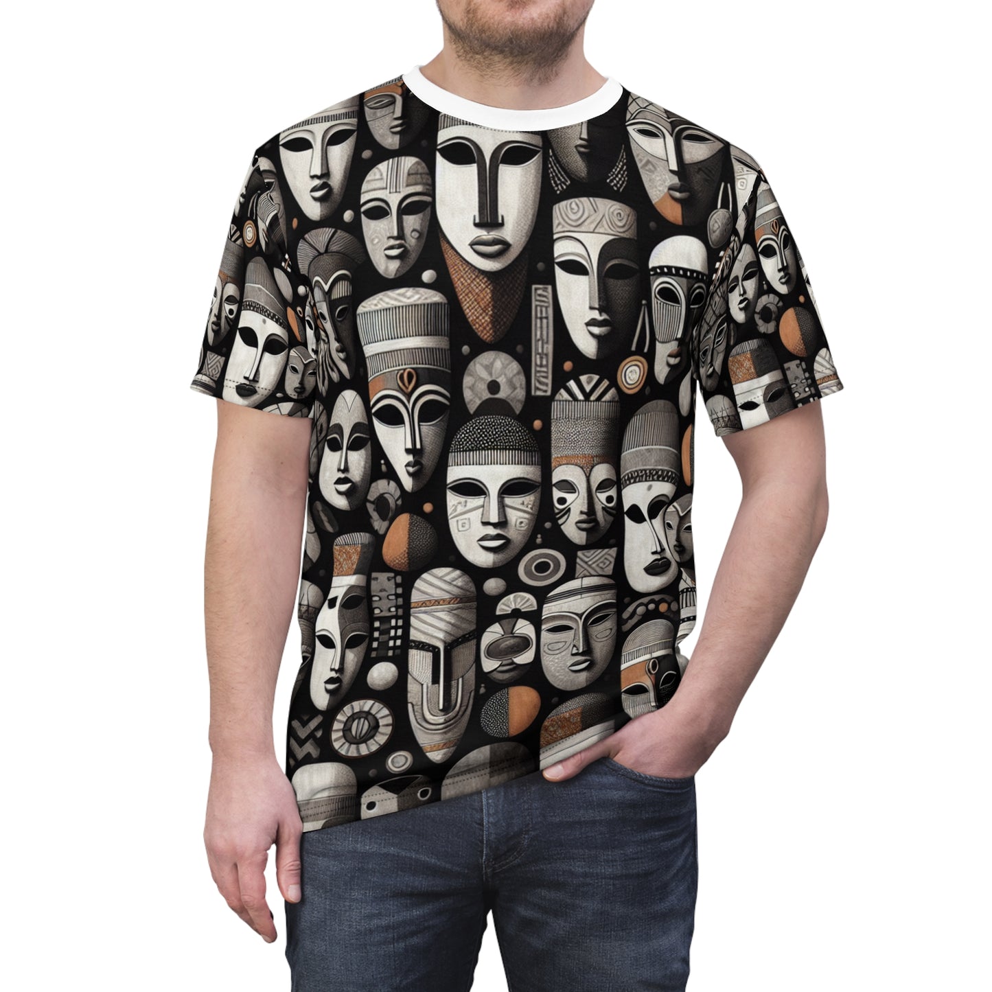 Chic African Heritage Tapestry T-Shirt- Modern Monochrome Masks with Orange Accents - African Tribal Pattern-Inspired Tee
