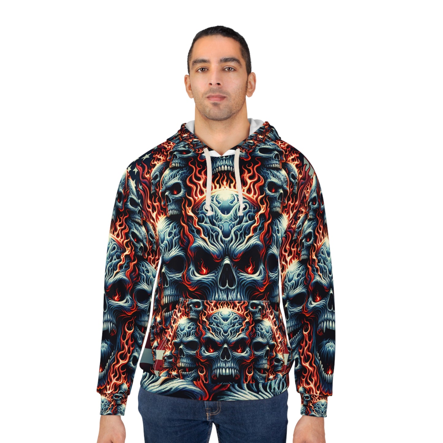 Inferno Patriot: Skull Euphoria Tattoo-Style Hoodie - Patriotic Streetwear Hoodie