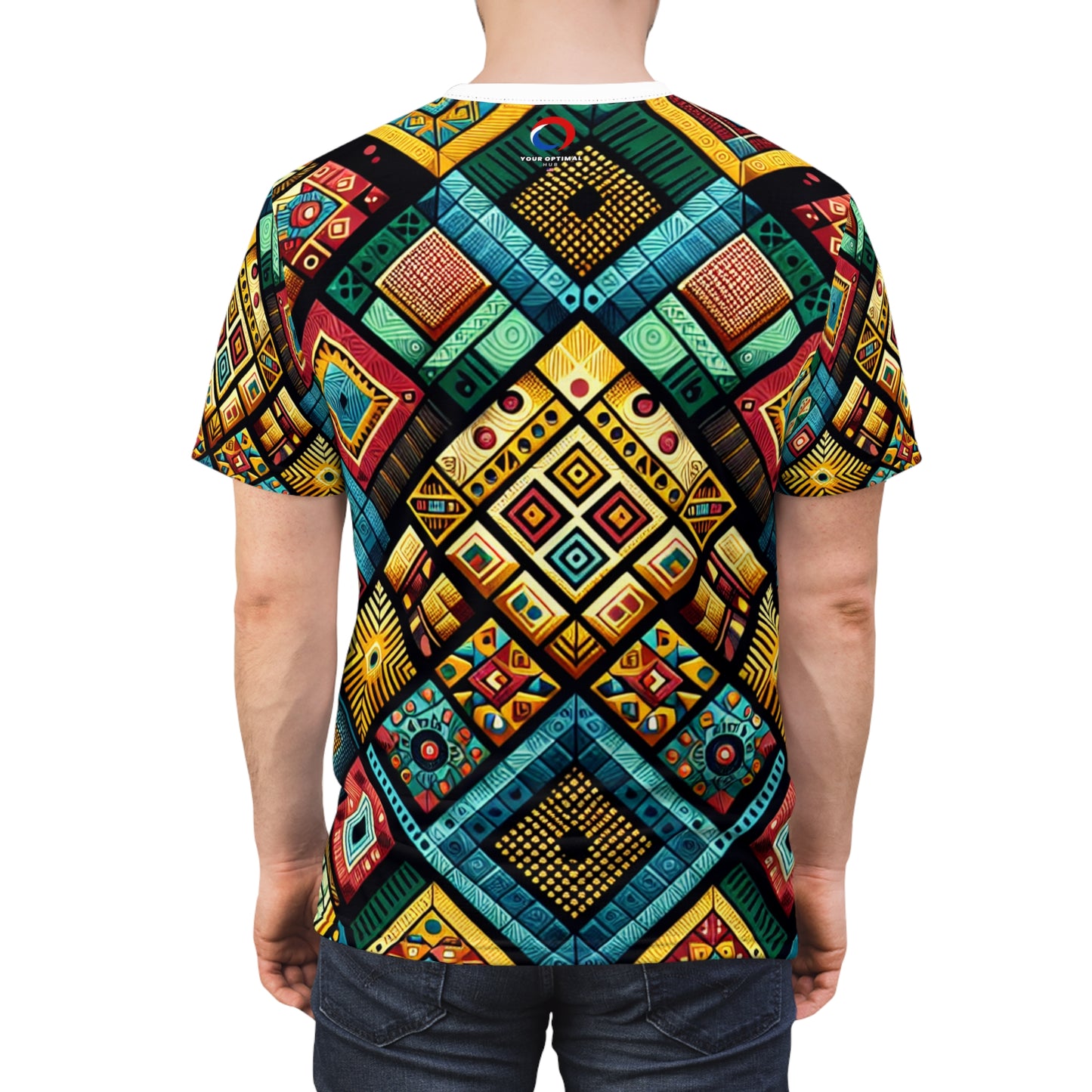 Vibrant African Folklore Geometric Diamond Tribal Pattern T-Shirt, Bold Primary Colors - African Tribal Pattern-Inspired Tee