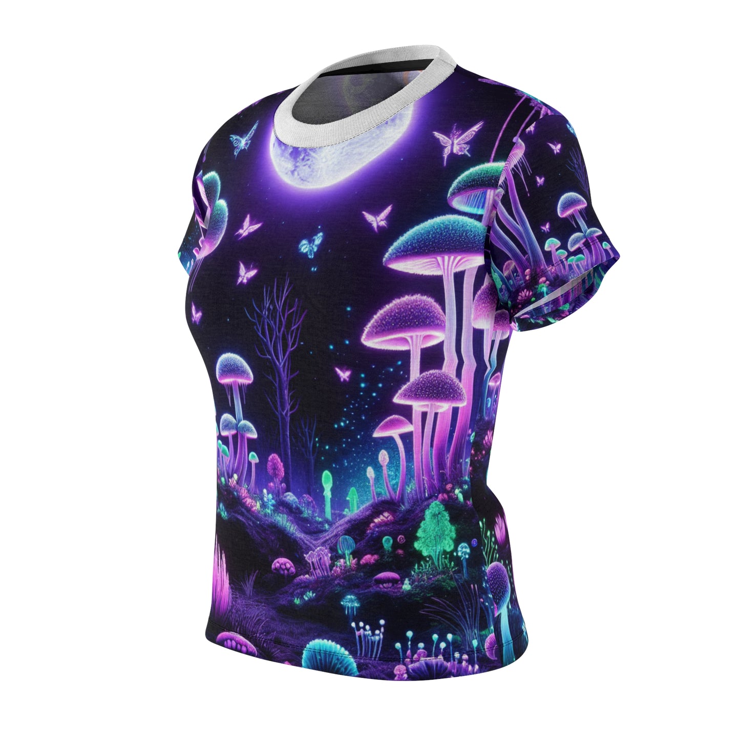Psychedelic Forest Neon Women's T-shirt: Surreal Blacklight Reactive, Luminous Mushroom & Starry Night Sky - Women's Blacklight Tee