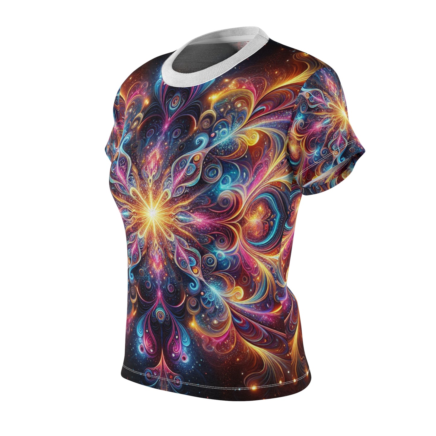 Psychedelic Mandala Women's T-Shirt - Cosmic Blue, Pink, Orange & Yellow Radiant Design on Dark Backdrop - Women's Trippy Tee