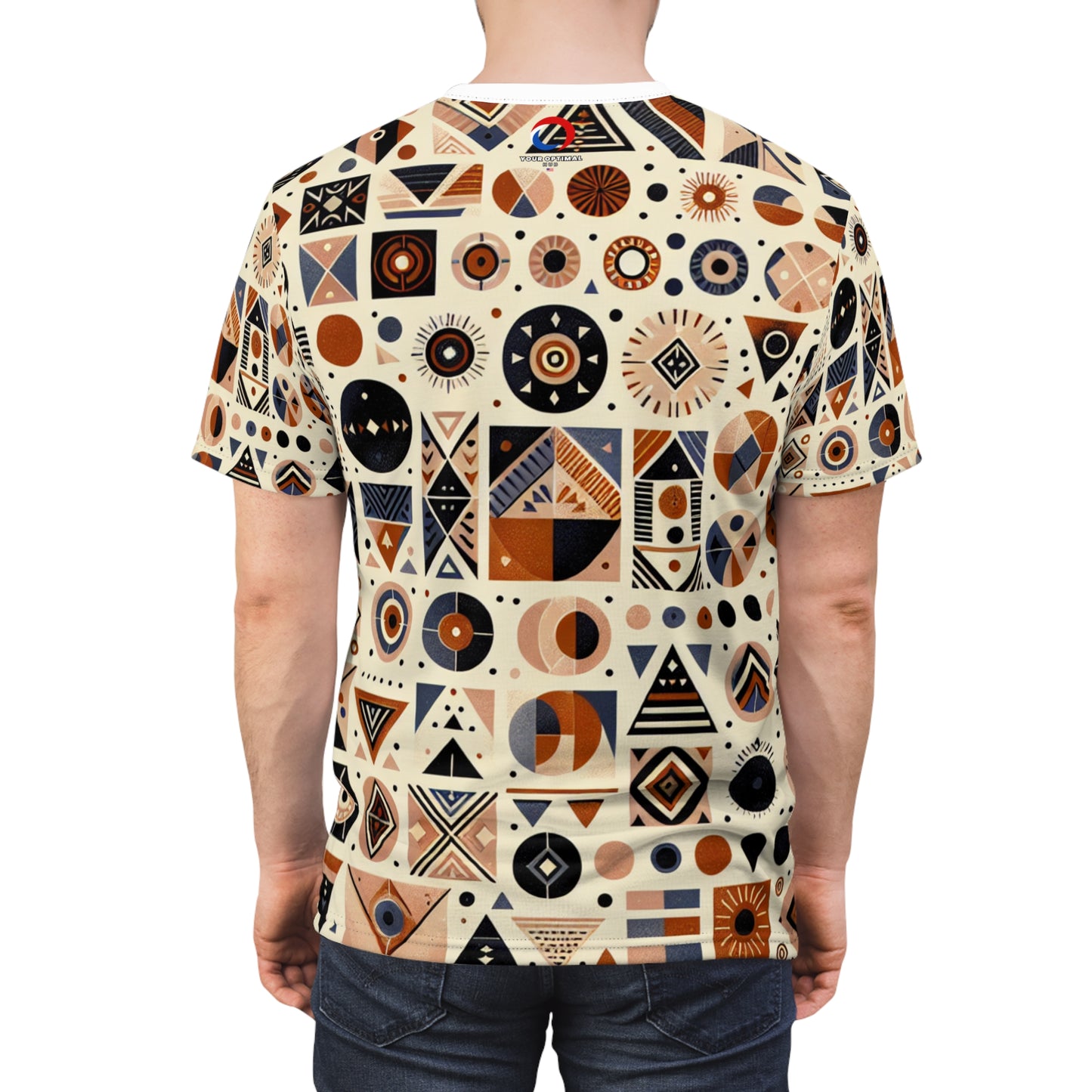 Berber-Inspired Geometric Tattoo Artistry T-Shirt; Earthy-tone Symbolic Storytelling Tee - African Tribal Pattern-Inspired