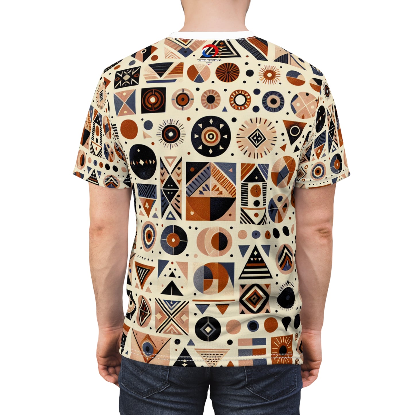 Berber-Inspired Geometric Tattoo Artistry T-Shirt; Earthy-tone Symbolic Storytelling Tee - African Tribal Pattern-Inspired