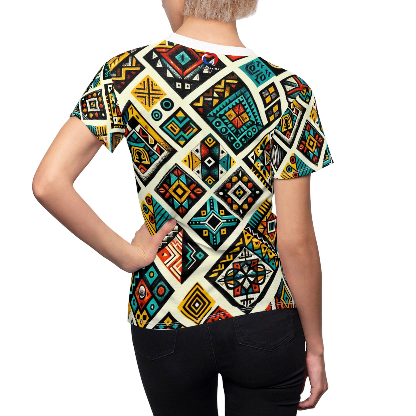 African Storytelling Geo Vibrance Women's T-shirt - Tribal Diamond Pattern, Primary Color Palette - African Tribal Pattern-Inspired