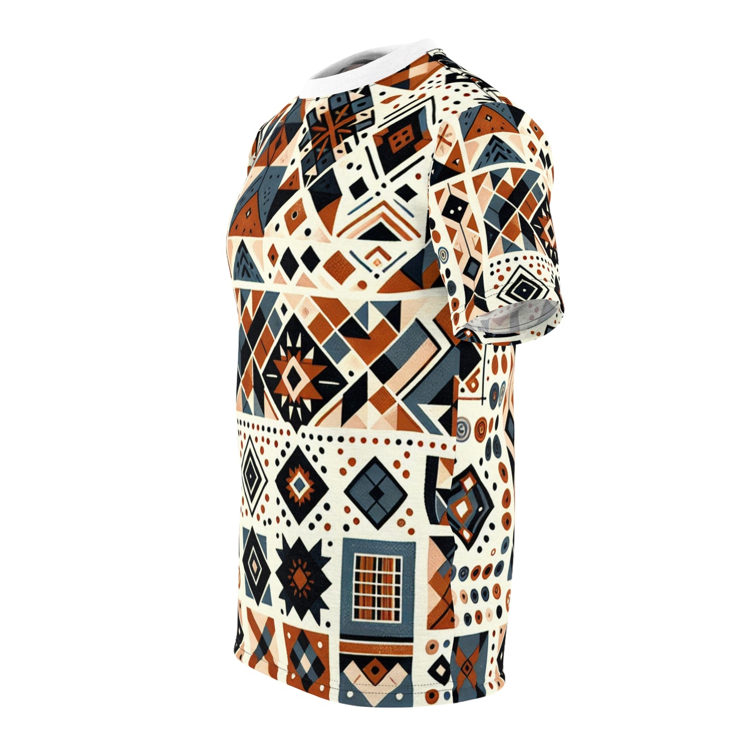 Berber-Inspired Artistry T-shirt: Earthy-Tone Geometric Tattoo Patterns Storytelling Print - African Tribal Pattern-Inspired Tee