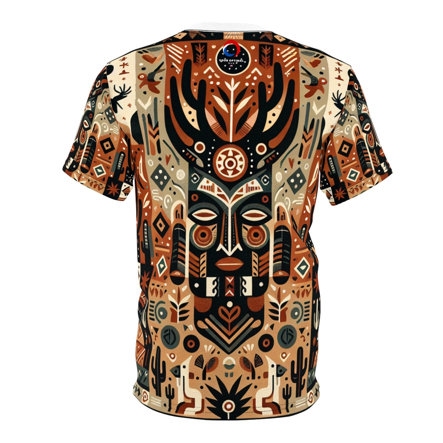 African-Desert Fusion Tee: Tribal Totem and Southwest Nature Tapestry in Earthy Tones - African Tribal Pattern-Inspired
