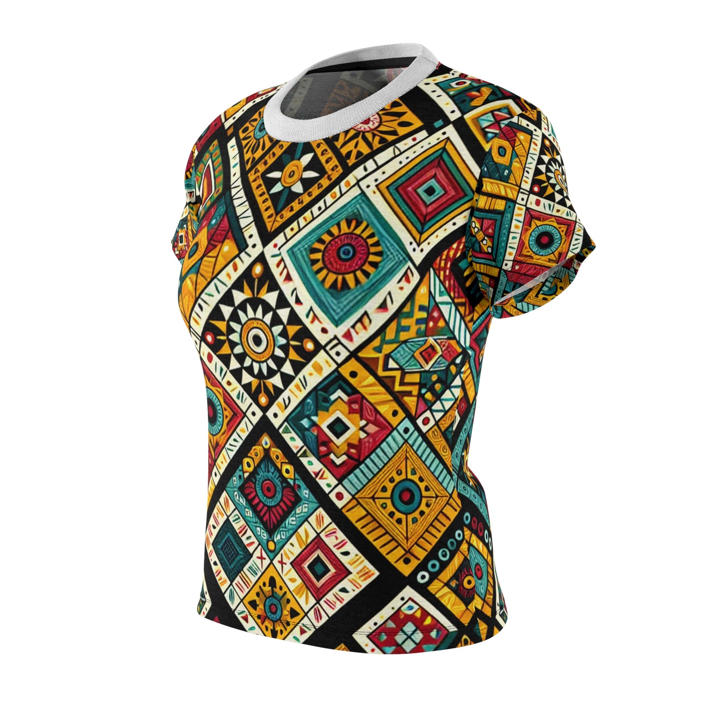 Vibrant African Storytelling Geometric-Pattern Women's T-shirt – Bold Colors & Tribal Symbols Shirt - African Tribal Pattern-Inspired