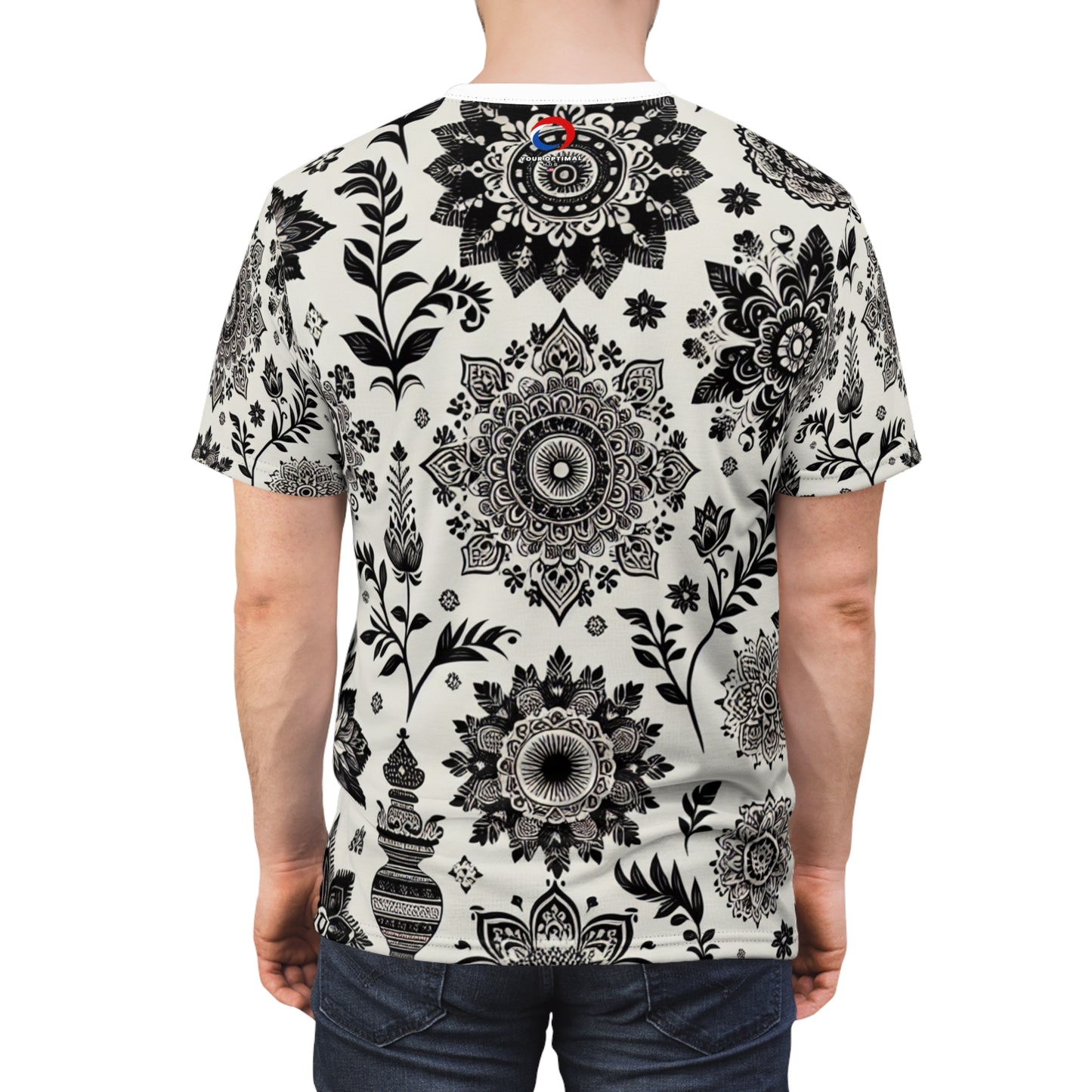 Indian Heritage Elegance: Seamless Pattern T-Shirt in Monochrome – Intricate Floral & Geometric Motif Design on Classic White - Traditional Indian Motifs Tee