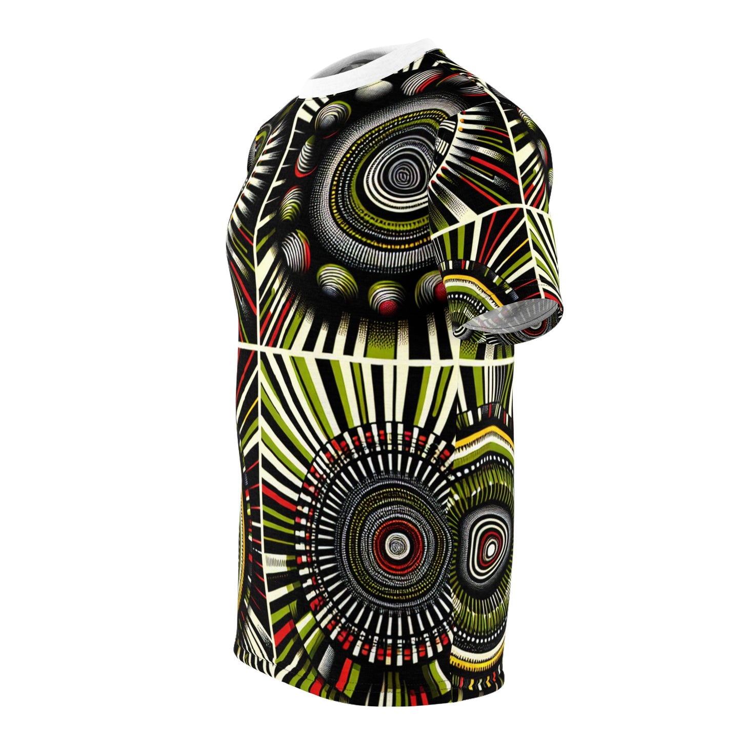 African Rhythm Dance T-Shirt: Vibrant Drum-Centric Celebration in Green & Red - African Tribal Pattern-Inspired Tee