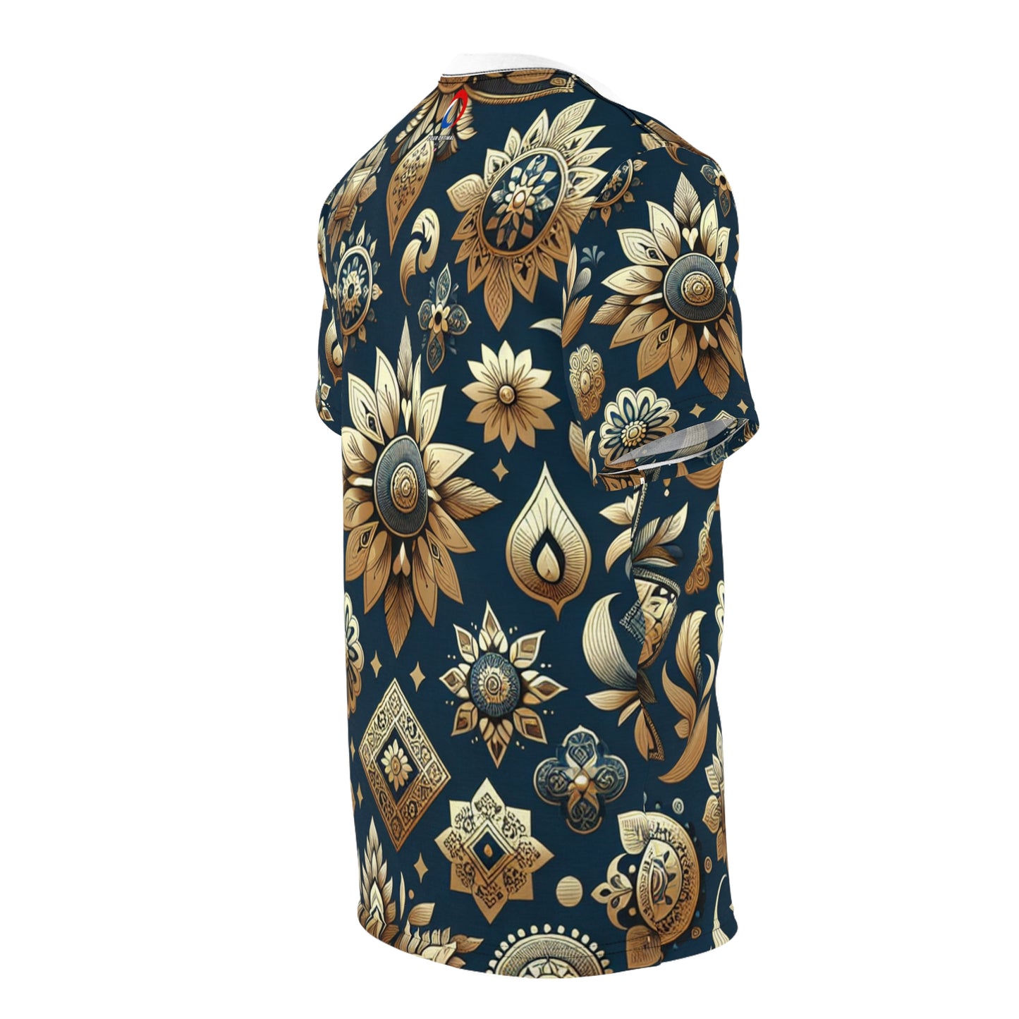 Indian Heritage Gold Motif Seamless Pattern T-Shirt - Shiny Gold Traditional Motifs on Rich Blue Background - Intricate Floral and Geometric Design Tee