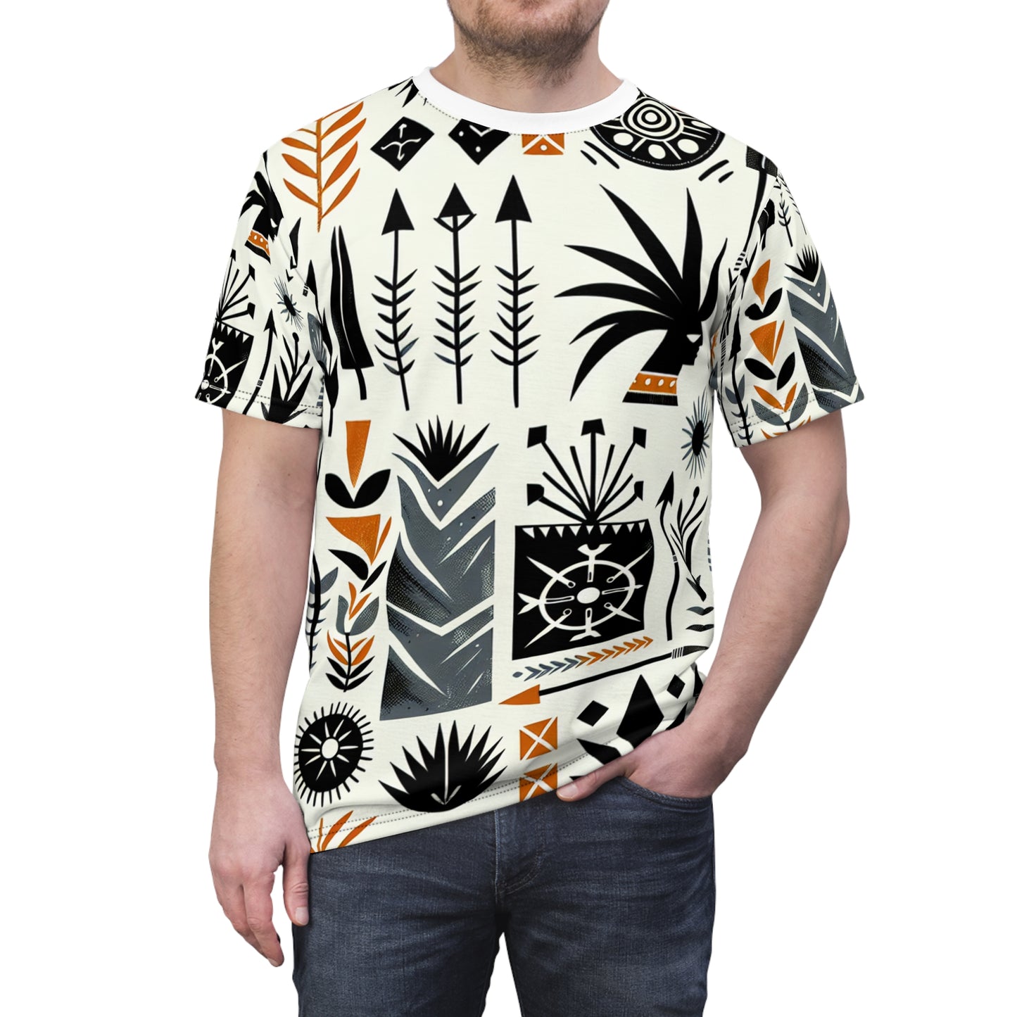 Modern African Artistry Tee: Monochromatic Spearhead & Shield Pattern + Orange Accents - African Tribal Pattern-Inspired
