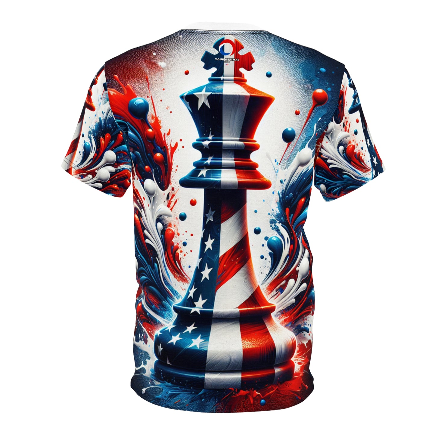 Strategic American Pride: Artistically Rendered Chess King Piece T-Shirt Embossed with Dynamic USA Flag Design - Patriotic Streetwear Tee