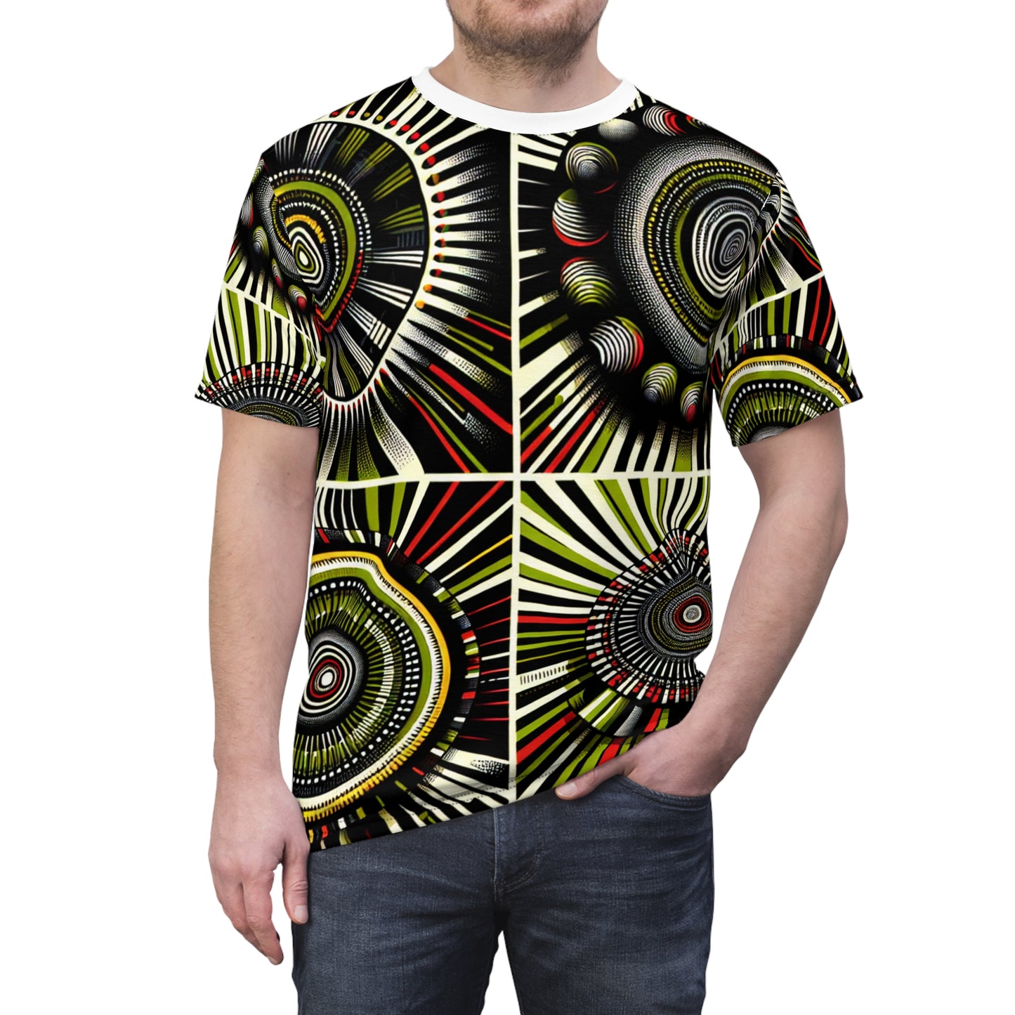 African Rhythm Dance T-Shirt: Vibrant Drum-Centric Celebration in Green & Red - African Tribal Pattern-Inspired Tee