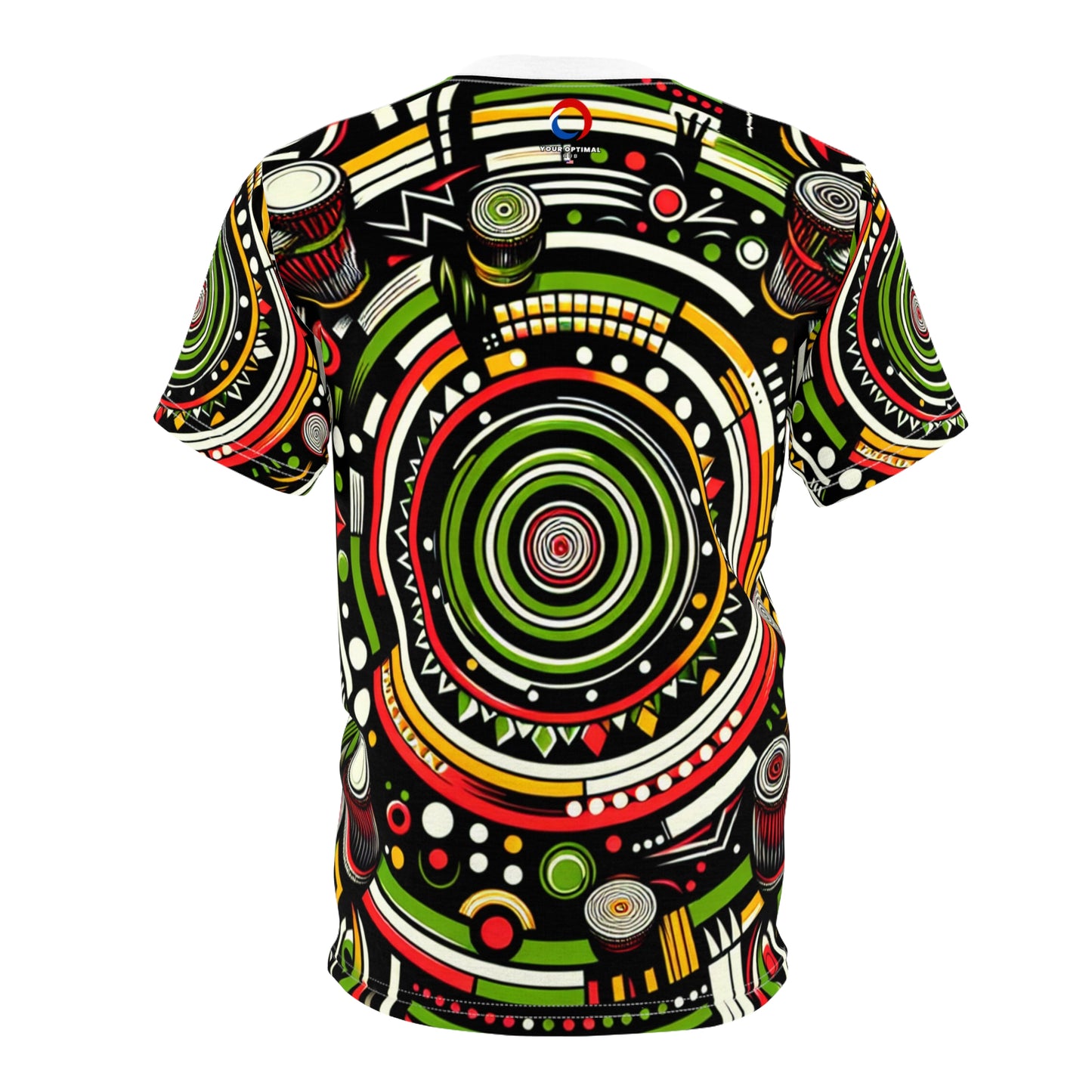 African Rhythm Dance Party T-Shirt: Bold Circles & Radiating Lines in Vibrant Hues - African Tribal Pattern-Inspired Tee