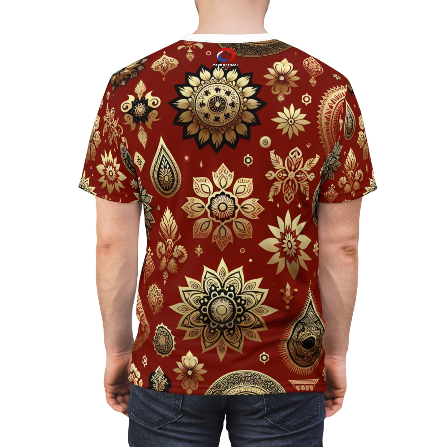 Traditional Indian Motif Collection T-Shirt - Seamless Print with Intricate Floral and Geometric Shapes Subtly Scattered on Vibrant Red