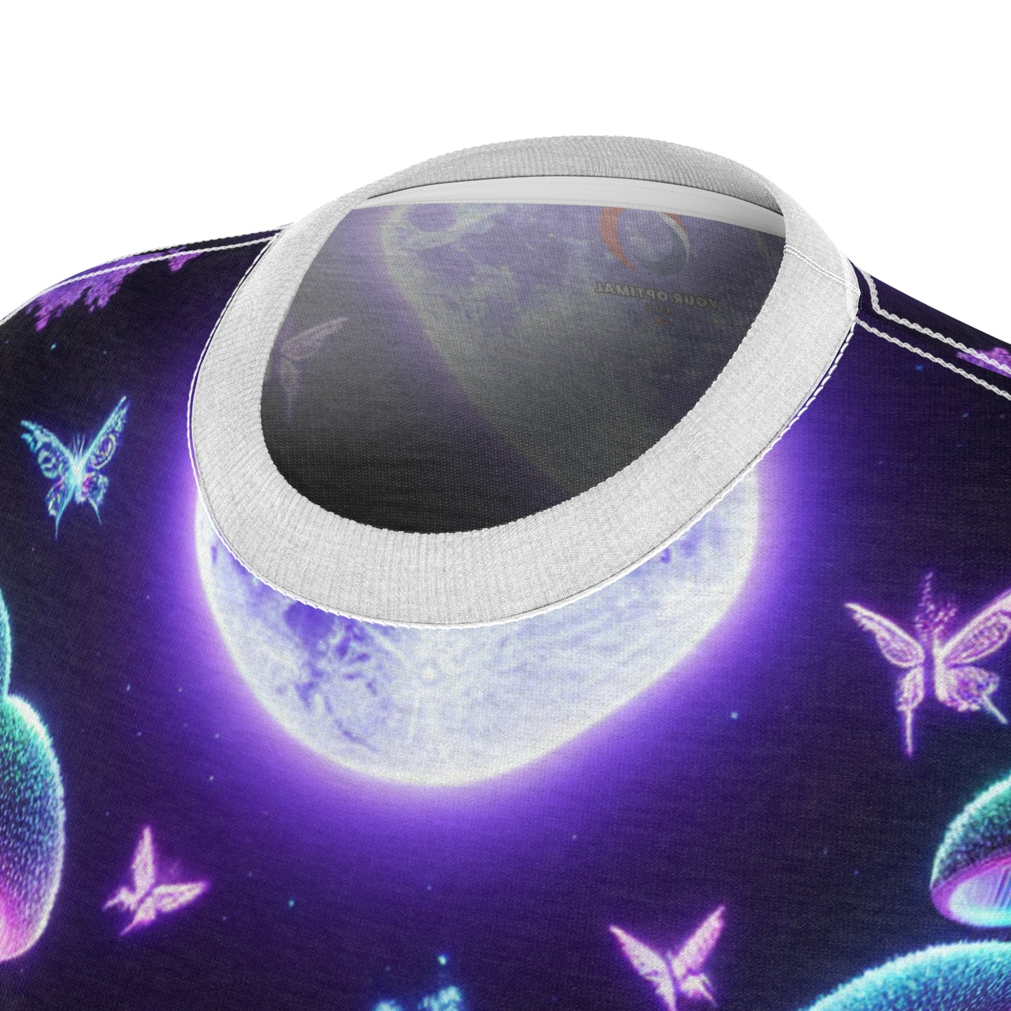 Psychedelic Forest Neon Women's T-shirt: Surreal Blacklight Reactive, Luminous Mushroom & Starry Night Sky - Women's Blacklight Tee