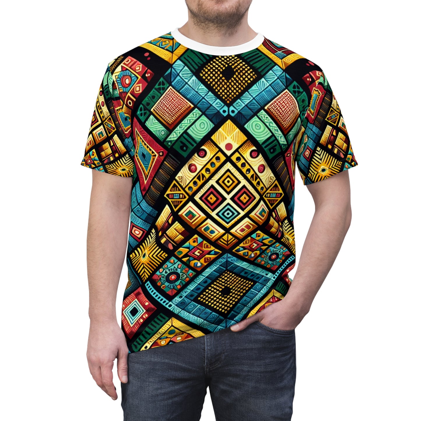 Vibrant African Folklore Geometric Diamond Tribal Pattern T-Shirt, Bold Primary Colors - African Tribal Pattern-Inspired Tee