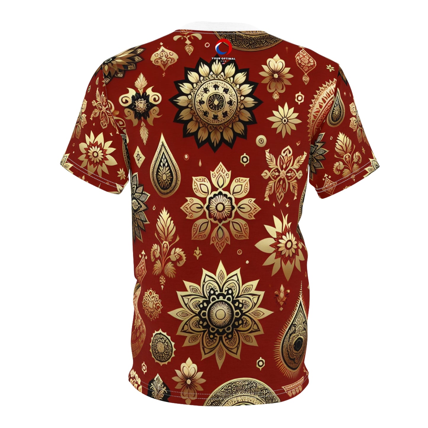 Traditional Indian Motif Collection T-Shirt - Seamless Print with Intricate Floral and Geometric Shapes Subtly Scattered on Vibrant Red