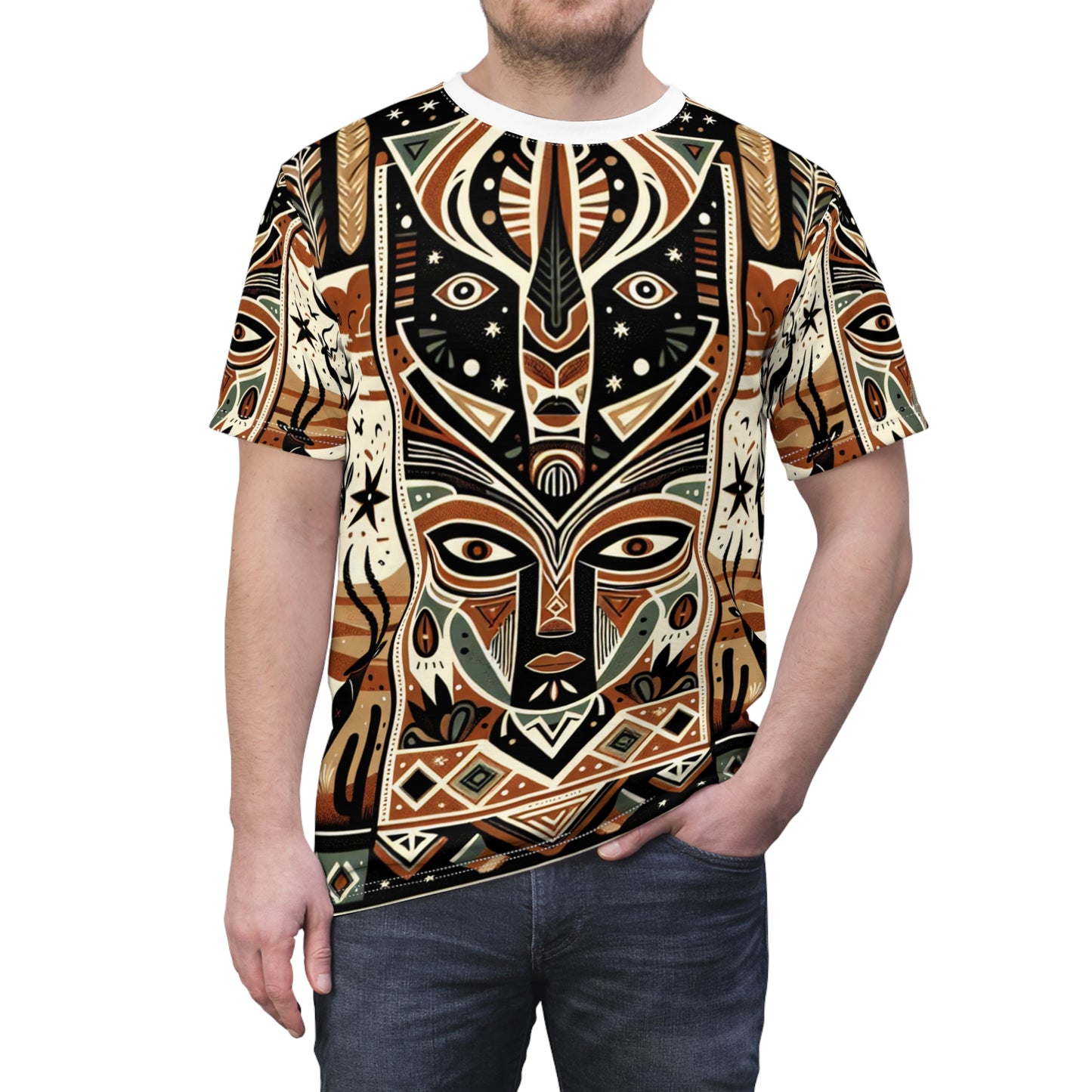 African Tribal Meets Southwestern Nature-scape, Colorful Geometric Totem Art T-shirt - African Tribal Pattern-Inspired Tee