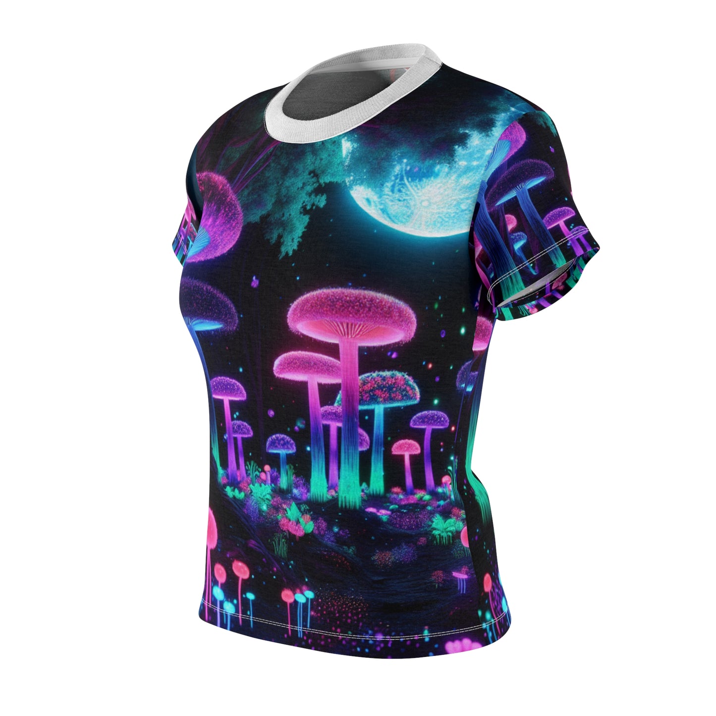 Women's Blacklight Forest T-Shirt – Surreal Neon Moonlit Scene with Glowing Mushrooms and Enchanted Details - Women's Blacklight Tee