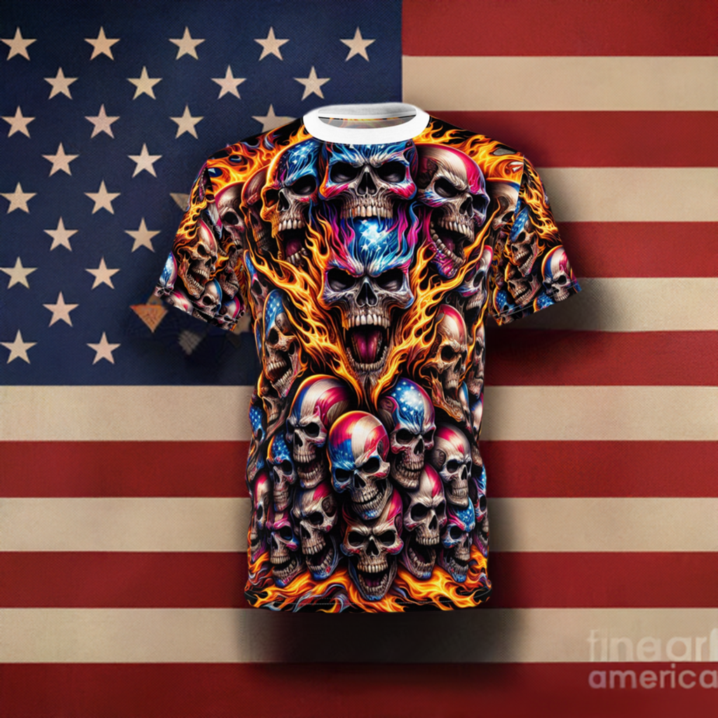 Patriotic Inferno: Skull Blaze Artistry Tee - Patriotic Streetwear Tee