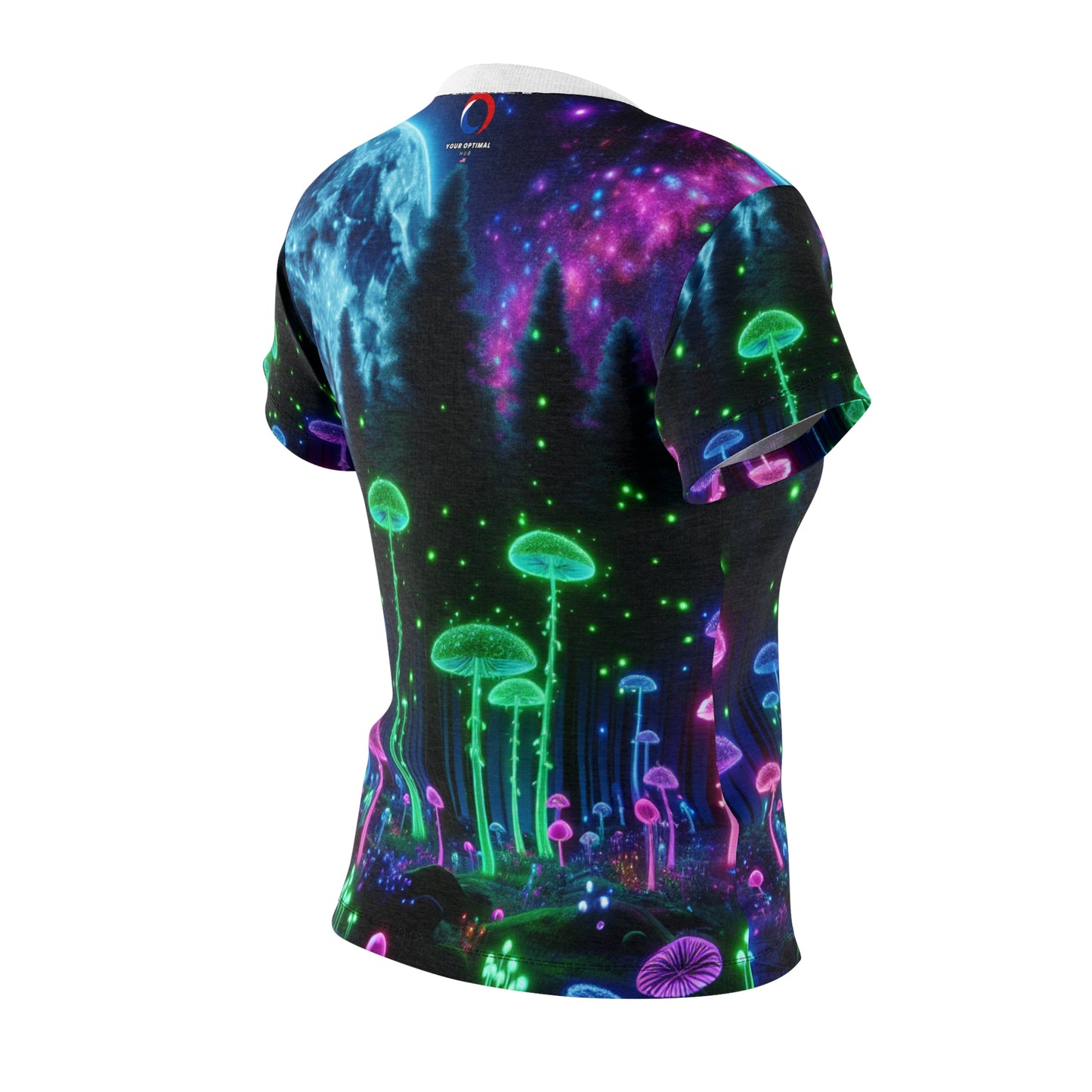 Surreal Ultraviolet Full Moon Forest Tee - Neon Mushrooms, Fluorescent Flora, Ethereal Fireflies Women's Top - Women's Blacklight Tee