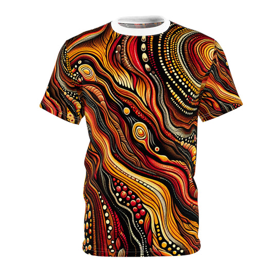 Aboriginal Lava Flow Tee: Red Hot Volcano Artistry; Earthy Tone Storytelling Shirt - African Tribal Pattern-Inspired Tee