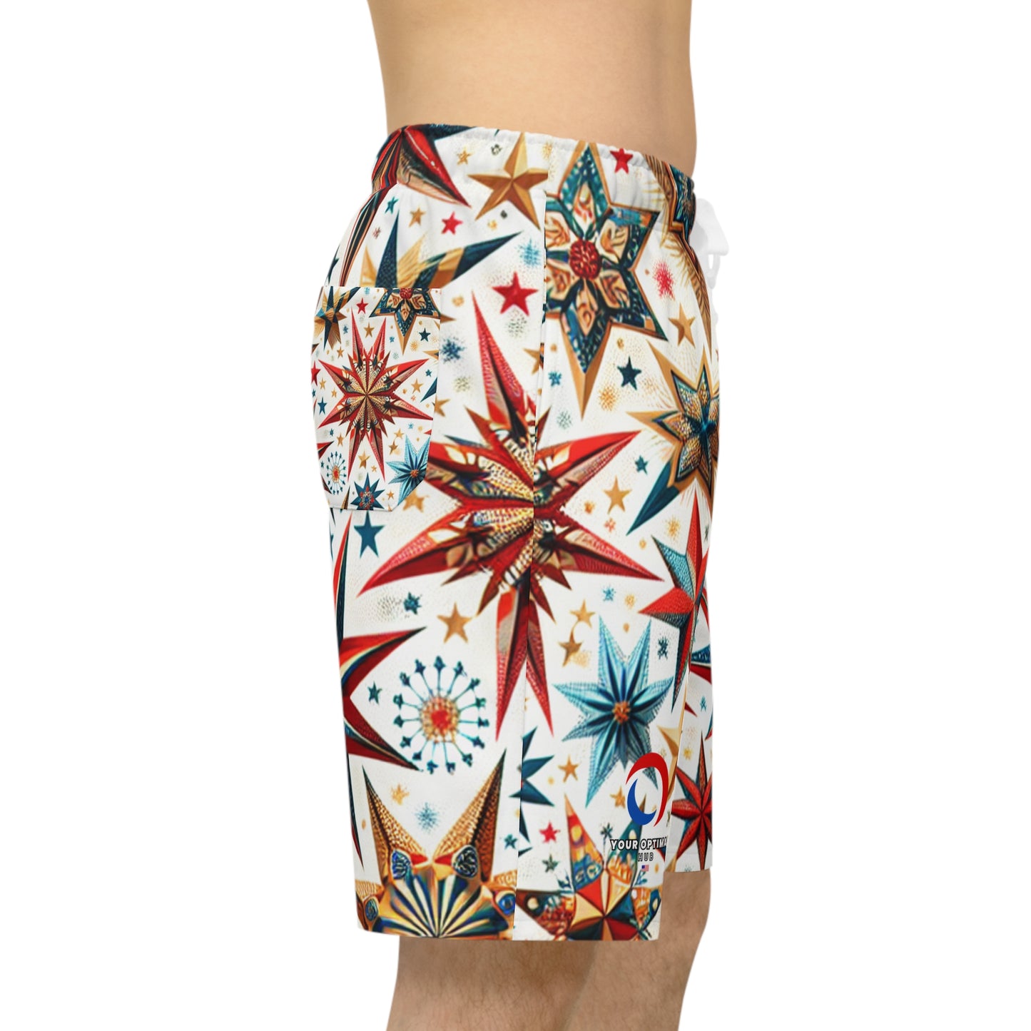 Festive Patriotic Star-Scattered Shorts - Red, Blue, Gold Stars on White - Perfect for 4th of July Celebrations - Patriotic Streetwear Shorts