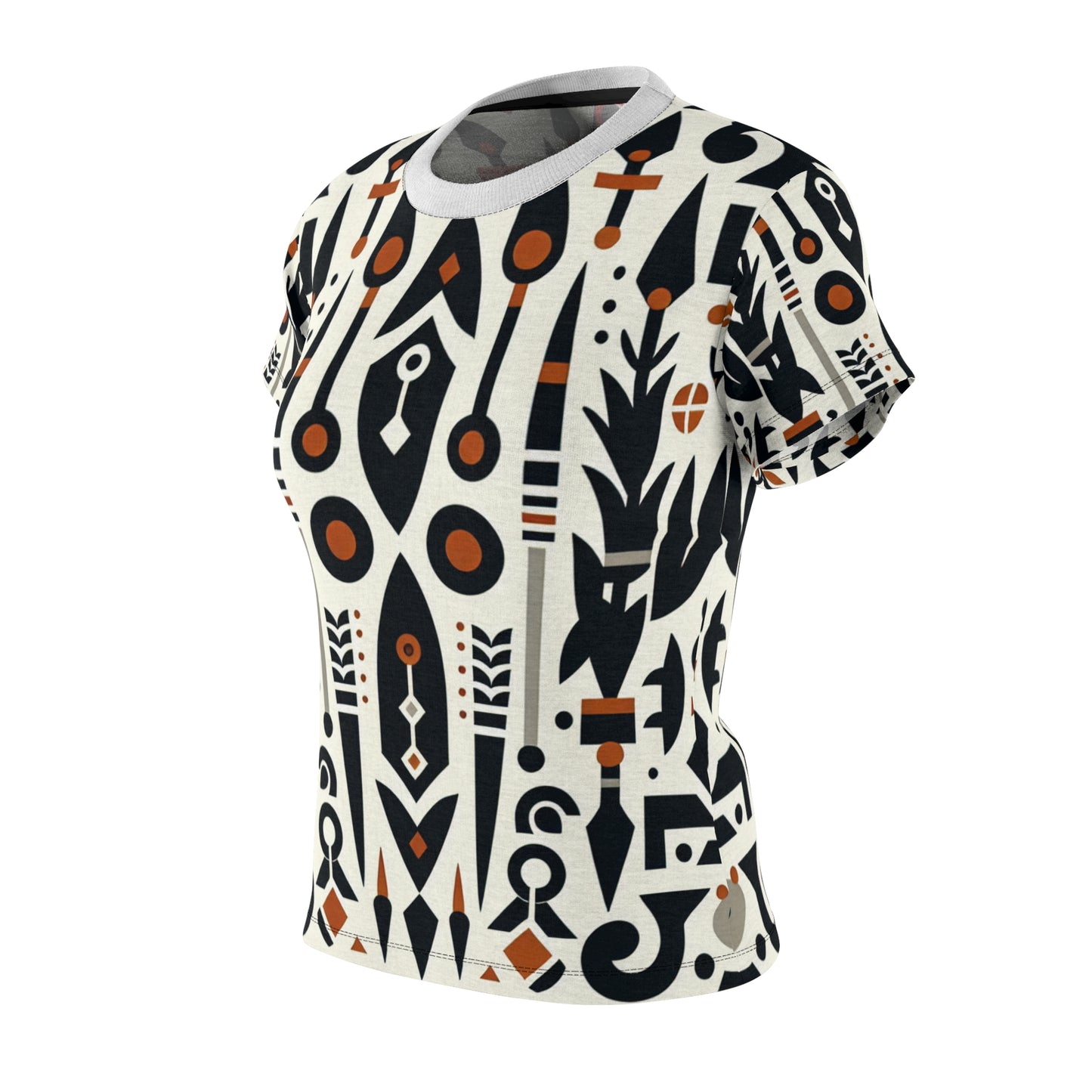 African Heritage Fusion Women's T-Shirt - Monochrome Modern Design with Vibrant Orange Accents, Indigenous Graphics - African Tribal Pattern-Inspired