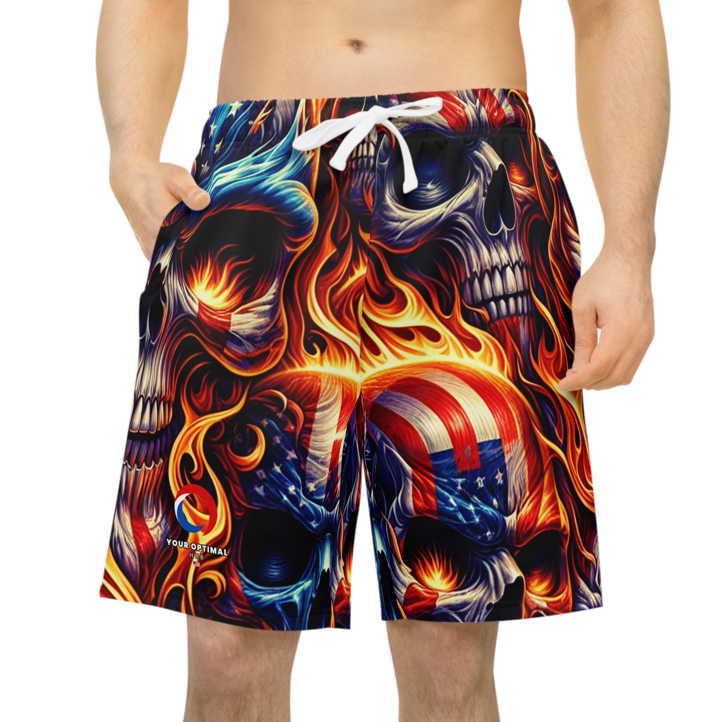 Blaze of Valor: Patriotic Inferno Skull Tattoo-Style Shorts - Patriotic Streetwear Shorts