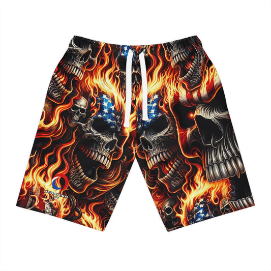 Patriotic Inferno: Skull Blaze Tattoo Artistry Shorts - Patriotic Streetwear Shorts