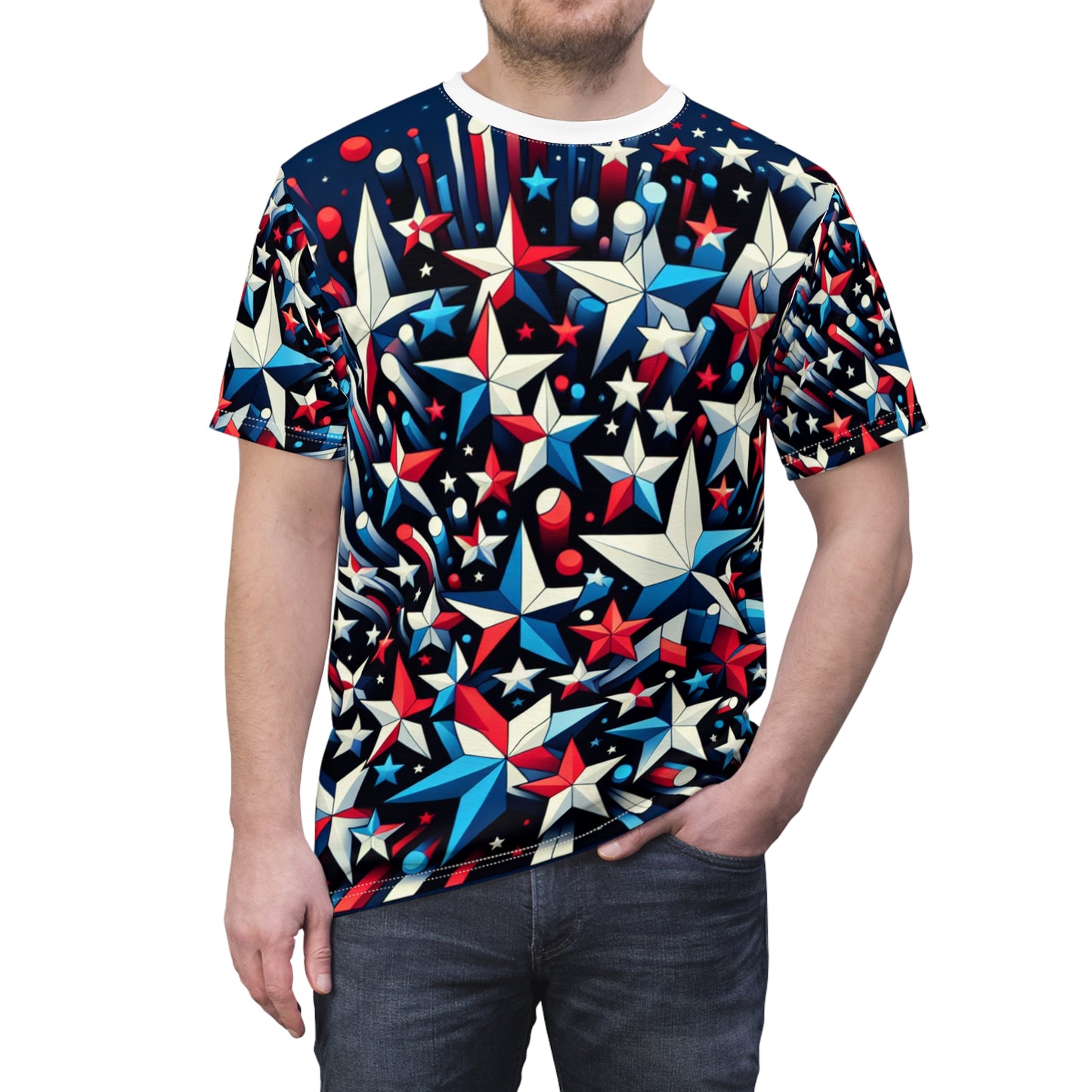 3D Star-Spangled Spectacle Tee – Vibrant Red, White, & Blue Stars on Navy Background – Patriotic & Festive Apparel - American Streetwear