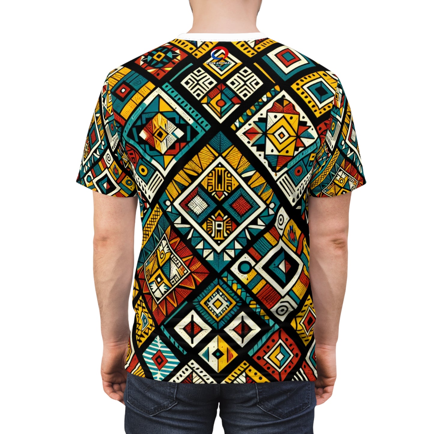 Vibrant African Storytelling Geometric Diamond Tribal Pattern T-shirt in Bold Colors - African Tribal Pattern-Inspired Tee