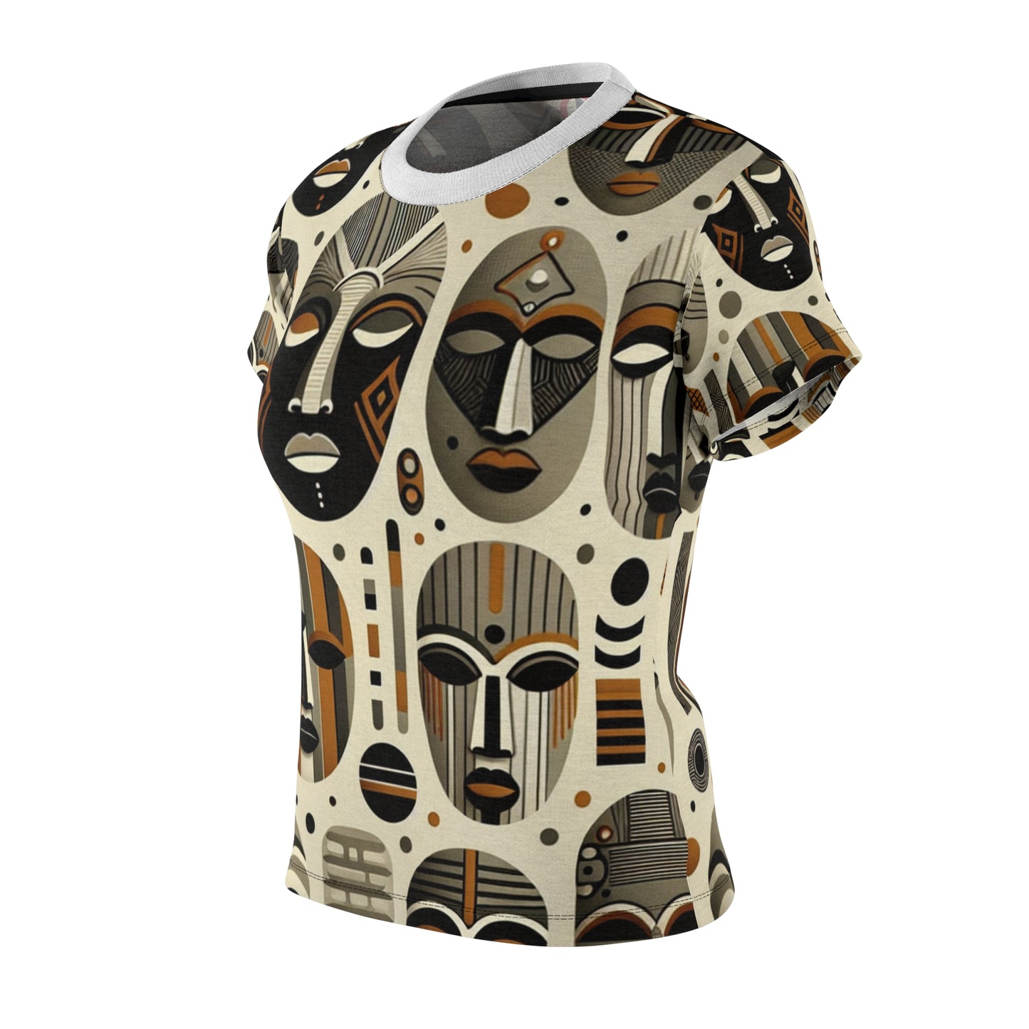 African Heritage Artistry: Women's Tee with Rich, Monochromatic Masks Tapestry, Modern Meets Tradition - African Tribal Pattern-Inspired