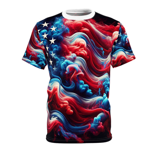 American Glory: Artistic Ethereal Smoke-Effect USA Flag T-Shirt, Red-Blue Color Transition - Patriotic Streetwear Tee